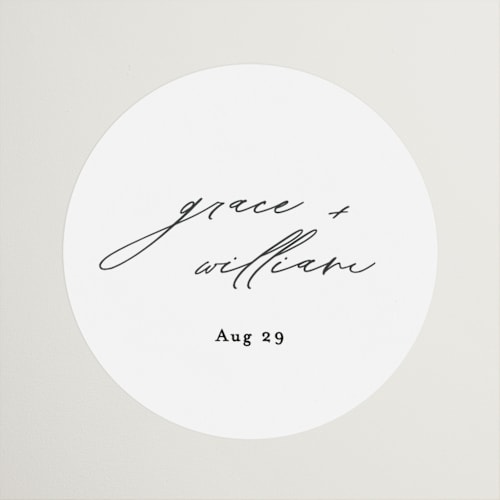 This is a cotton wedding favor labels with standard by Angela Thompson called delicate script printing on uncoated sticker paper in sticker