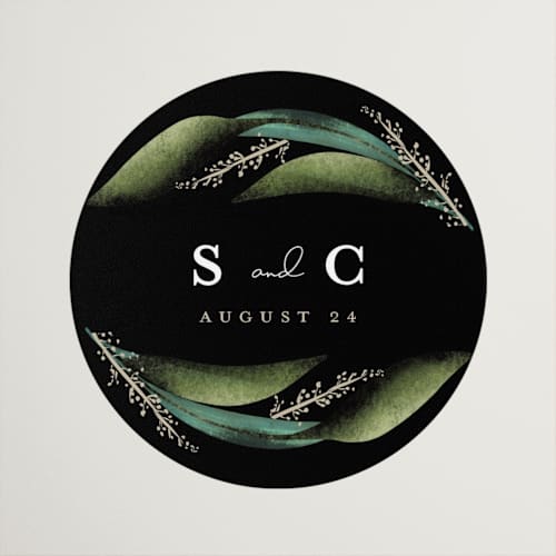 This is a midnight wedding favor labels with standard by Susan Moyal called bold bouquet printing on uncoated sticker paper in sticker