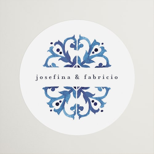 This is a azure wedding favor labels with standard by Anastasia Makarova called watercolor azulejo printing on uncoated sticker paper in sticker