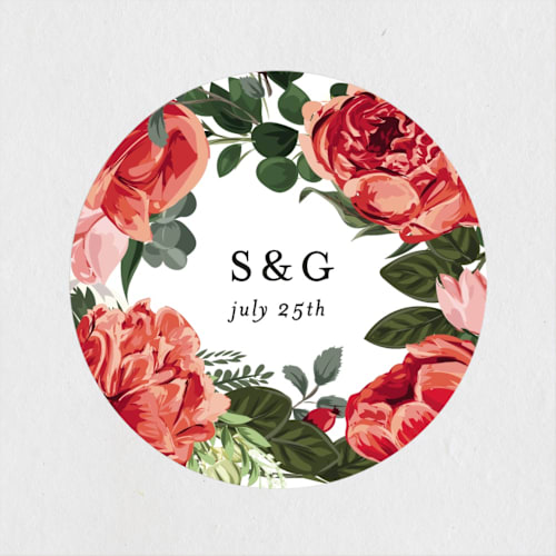 This is a coral wedding favor labels with standard by Susan Moyal called peonies forever printing on uncoated sticker paper in sticker