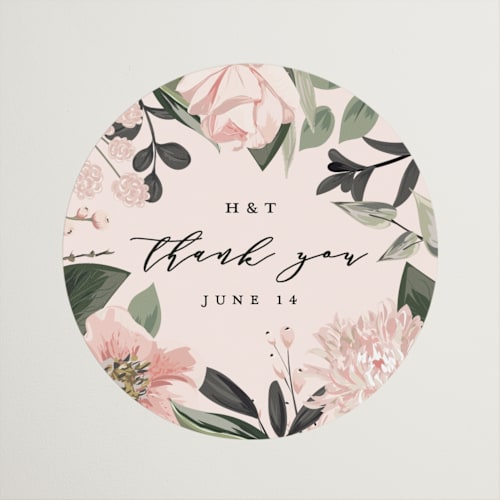 This is a blush wedding favor labels with standard by Susan Moyal called ivory ring printing on uncoated sticker paper in sticker