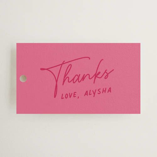 This is a rouge wedding favor tags with standard by chocomocacino called pink printing on signature in tag