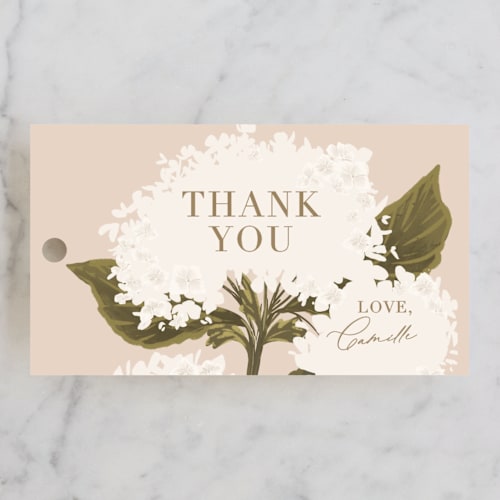 This is a blush gift tags with standard by Leah Bisch called hydrangea printing on signature in tag