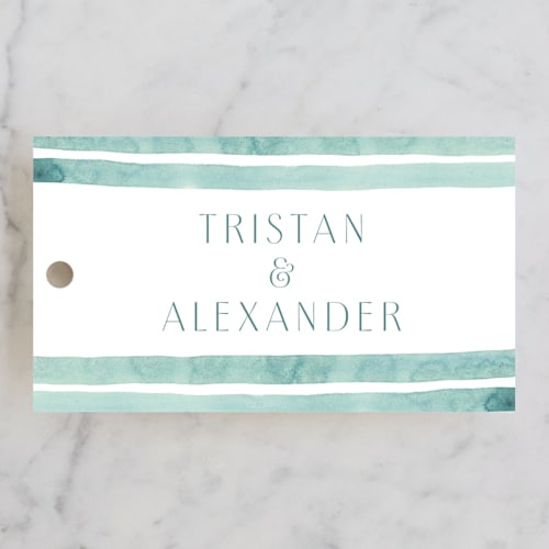 This is a sky wedding favor tags with standard by Katharine Watson called tidal stripe printing on signature in tag