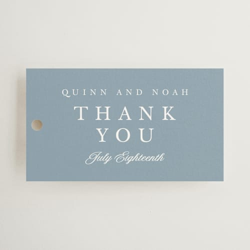 This is a dusty blue wedding favor tags with standard by Stacey Meacham called elegant bevel printing on signature in tag