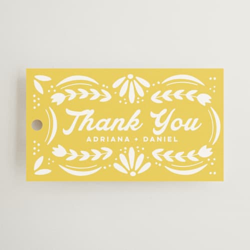 This is a sunshine wedding favor tags with standard by Jessie Steury called pretty picado printing on signature in tag