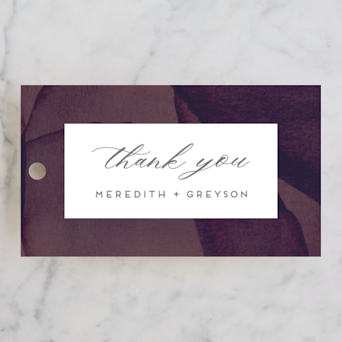 This is a velvet wedding favor tags with standard by Christie Garcia called petalis printing on signature in tag