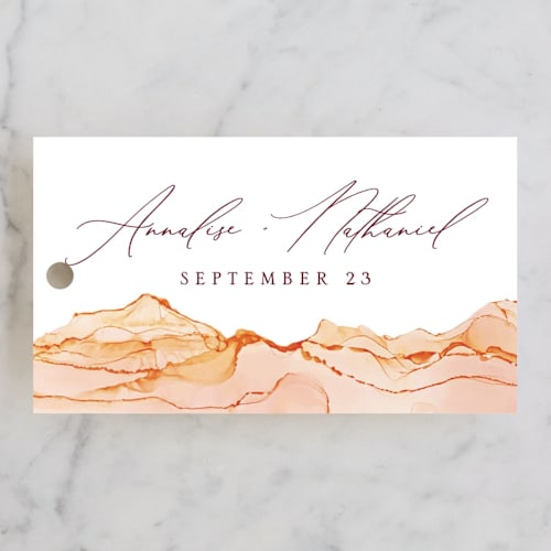 This is a topaz wedding favor tags with standard by Erin Deegan called sandstone printing on signature in tag