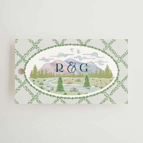 This is a pine wedding favor tags with standard by Paper Sun Studio called river valley printing on signature in tag