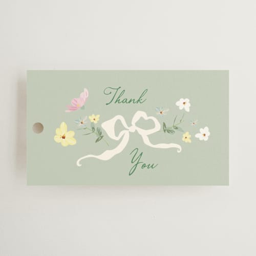 This is a spring wedding favor tags with standard by Phrosné Barwood called spring draped garland printing on signature in tag