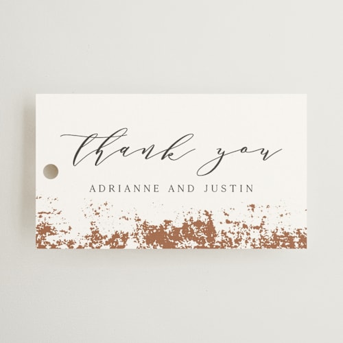 This is a copper wedding favor tags with standard by Eric Clegg called woodland hills printing on signature in tag