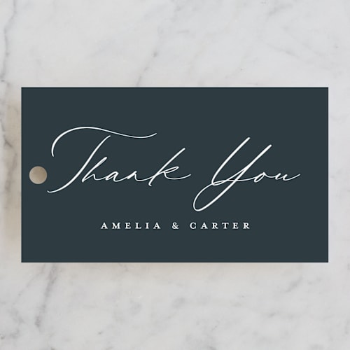 This is a jade wedding favor tags with standard by Emily Betts called modern vintage printing on signature in tag