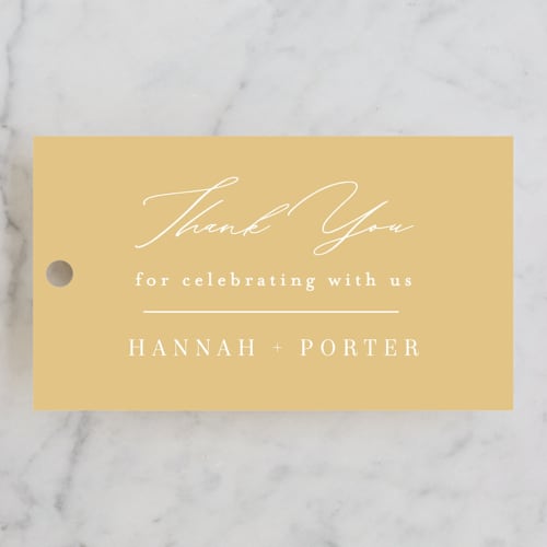 This is a linen wedding favor tags with standard by Ashley Rosenbaum called mystique printing on signature in tag