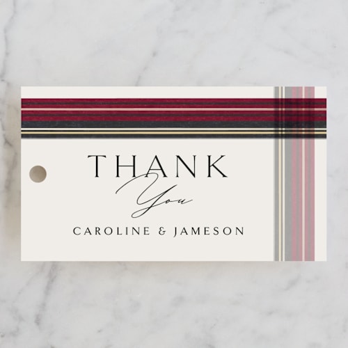 This is a cranberry wedding favor tags with standard by Erin Deegan called holiday tartan printing on signature in tag