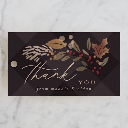 This is a moody wedding favor tags with standard by Erin German called autumn stroll printing on signature in tag