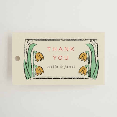 This is a birch wedding favor tags with standard by Shiny Penny Studio called deco spring florals printing on signature in tag