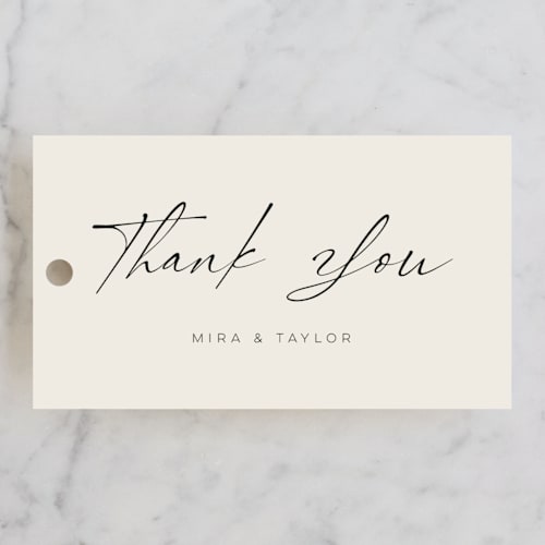 This is a cotton wedding favor tags with standard by April Astudillo called modernline printing on signature in tag