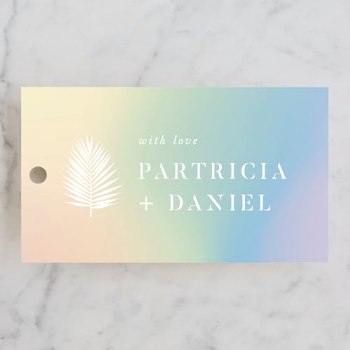 This is a ombre wedding favor tags with standard by lulu and isabelle called sunset by the sea printing on signature in tag