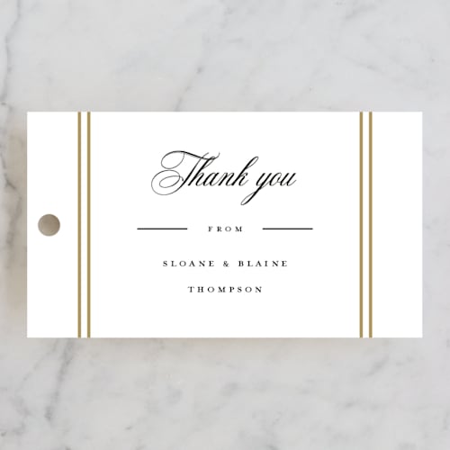 This is a silk wedding favor tags with standard by Carolyn MacLaren called scripted striped printing on signature in tag