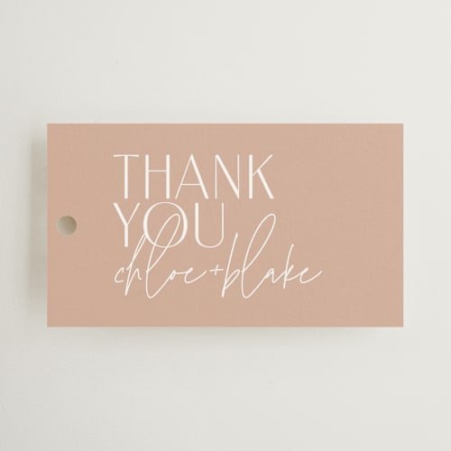 This is a terracotta wedding favor tags with standard by Kelly Schmidt called overlap printing on signature in tag