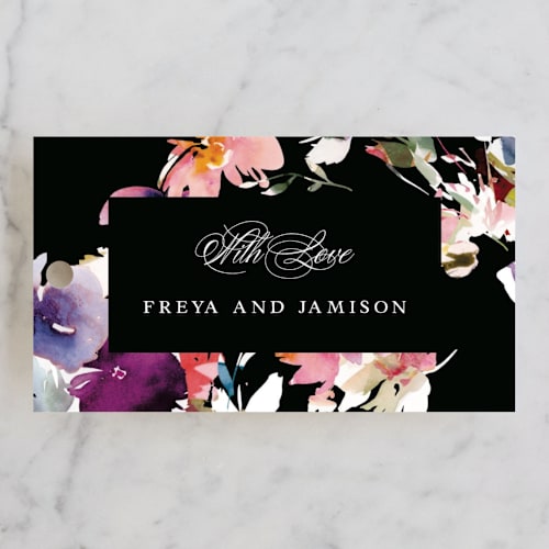 This is a noir wedding favor tags with standard by Lori Wemple called beauties printing on signature in tag