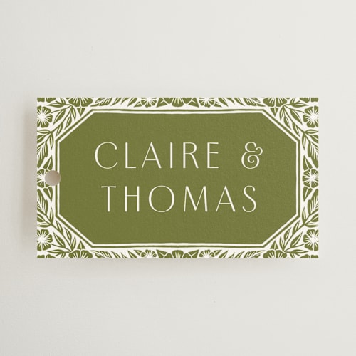 This is a avocado wedding favor tags with standard by Katharine Watson called inlay frame printing on signature in tag