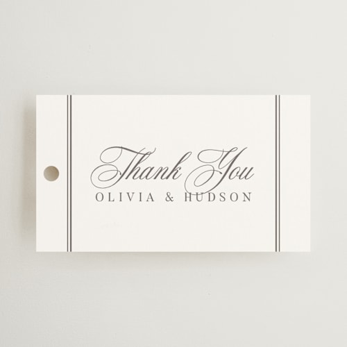 This is a pearl wedding favor tags with standard by Nicole Walsh called classic elegance printing on signature in tag