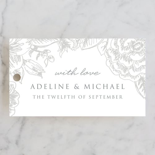 This is a opal wedding favor tags with standard by Rochelle Renee called au jardin printing on signature in tag