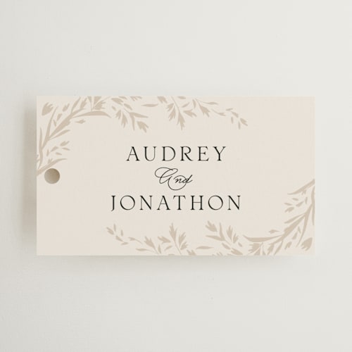 This is a almond wedding favor tags with standard by Erin L. Wilson called trailing vines printing on signature in tag