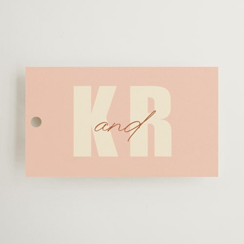 This is a blush wedding favor tags with standard by Stacey Day called typographical poster printing on signature in tag
