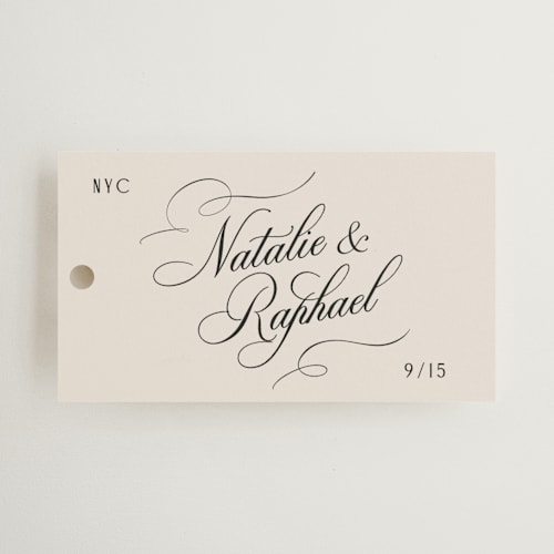 This is a black tie wedding favor tags with standard by Hooray Creative called scripted names printing on signature in tag