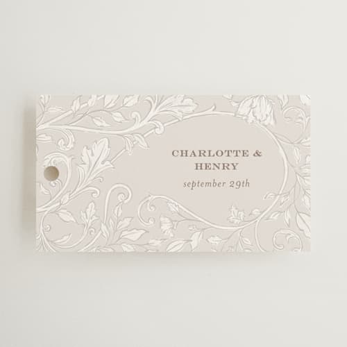 This is a natural wedding favor tags with standard by BR Designs called vintage flourishes printing on signature in tag