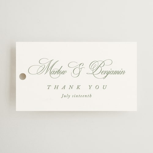 This is a garden wedding favor tags with standard by Kelly Schmidt called chic script printing on signature in tag