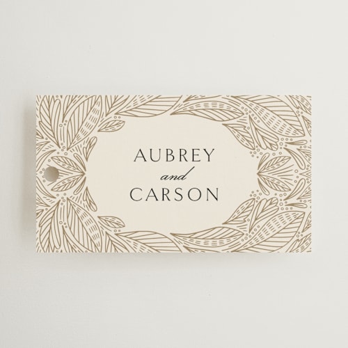 This is a cream wedding favor tags with standard by Jen Owens called royalty printing on signature in tag