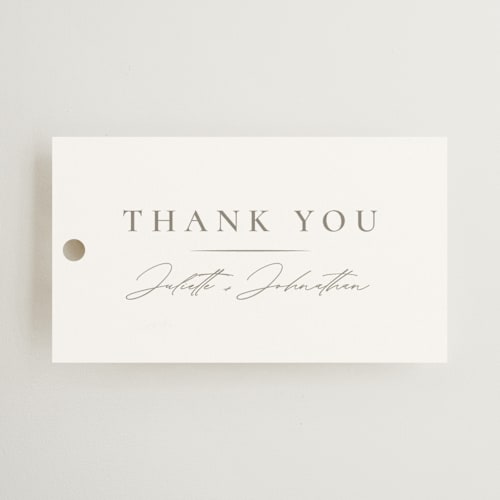 This is a silk wedding favor tags with standard by Wildfield Paper Co called classic line frame printing on signature in tag