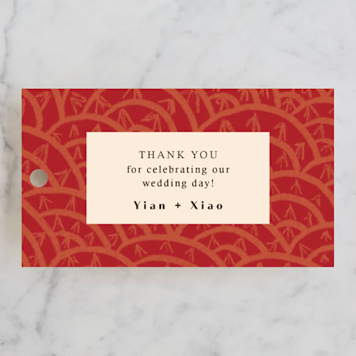 This is a ruby wedding favor tags with standard by Kanika Mathur called mizu pattern printing on signature in tag