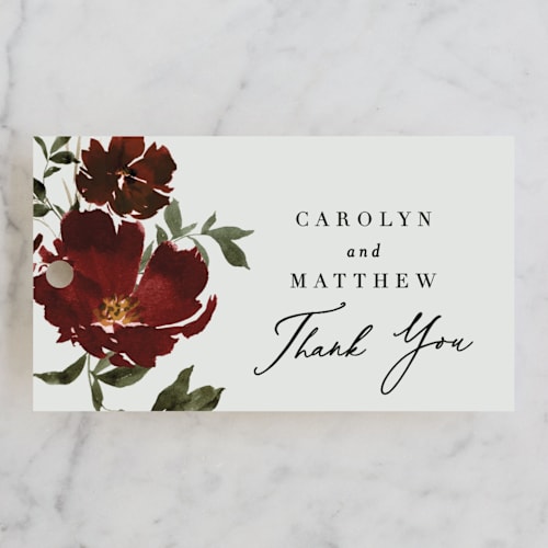 This is a cabernet wedding favor tags with standard by Everett Paper Goods called harvest printing on signature in tag