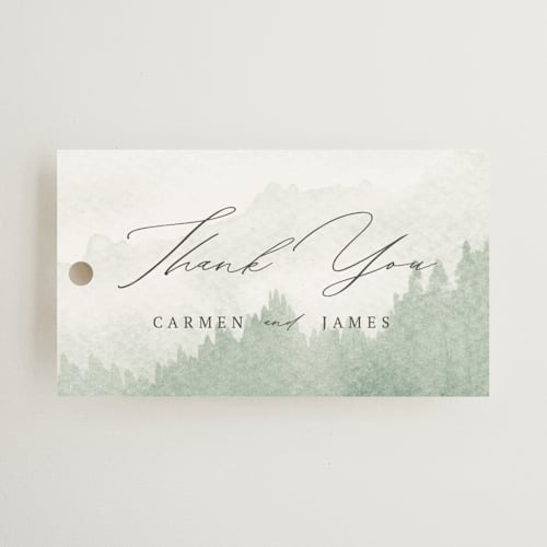 This is a fern wedding favor tags with standard by Helen Halik called over the mountains printing on signature in tag