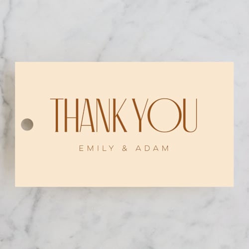 This is a rust wedding favor tags with standard by April Astudillo called classic touch printing on signature in tag