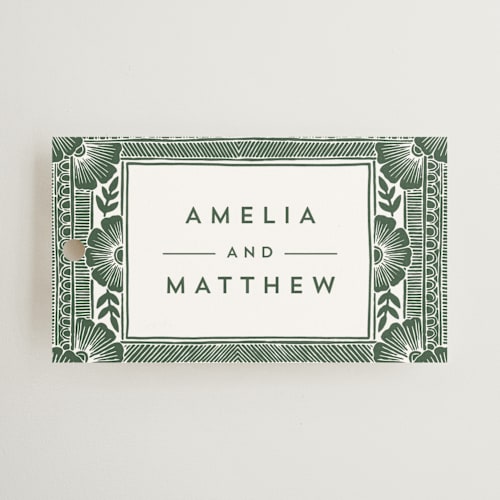 This is a fern wedding favor tags with standard by Katharine Watson called block print frame printing on signature in tag