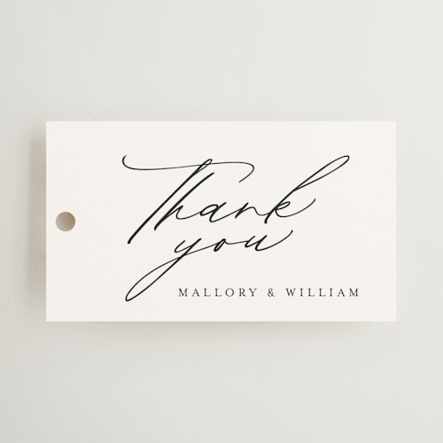 This is a ecru wedding favor tags with standard by Anna Elder called cielo printing on signature in tag