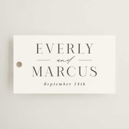 This is a snow wedding favor tags with standard by Hooray Creative called everly printing on signature in tag