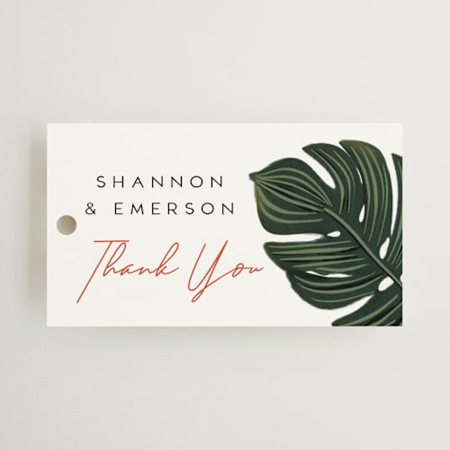 This is a coral wedding favor tags with standard by Joanna Griffin called tropical oasis printing on signature in tag