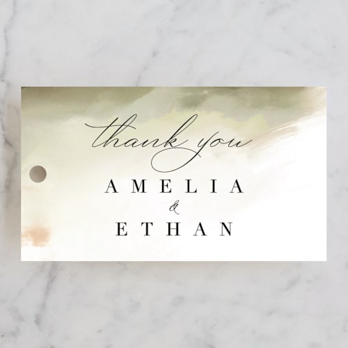 This is a moss wedding favor tags with standard by Hannah Williams called pastel sky printing on signature in tag