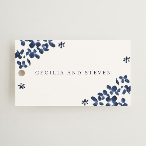 This is a indigo wedding favor tags with standard by Angela Marzuki called brushstrokes in bloom printing on signature in tag