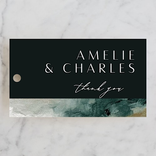 This is a marine wedding favor tags with standard by Nicoletta Savod called sunset waves printing on signature in tag