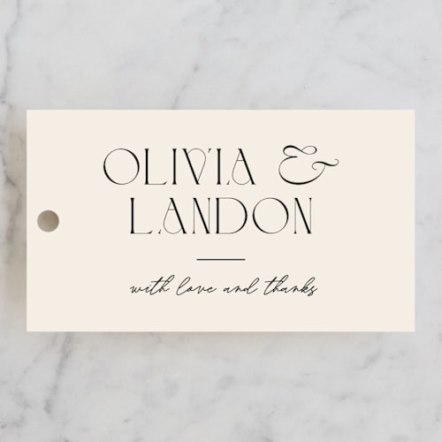 This is a buff wedding favor tags with standard by Pixel and Hank called the manor printing on signature in tag