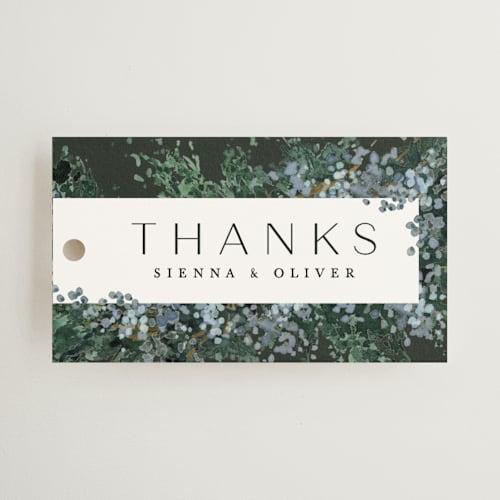This is a emerald wedding favor tags with standard by Kate Ahn called juniper printing on signature in tag