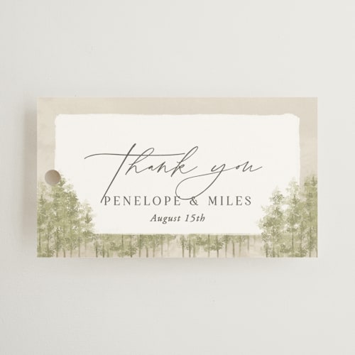 This is a lake wedding favor tags with standard by Robert and Stella called aspen printing on signature in tag