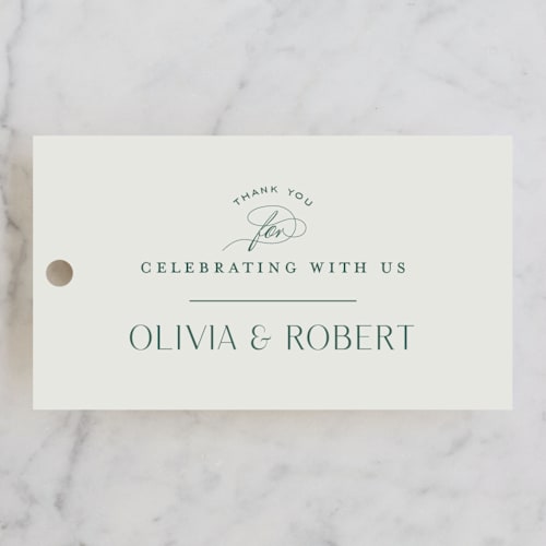 This is a emerald wedding favor tags with standard by Kimberly Morgan called chantilly printing on signature in tag
